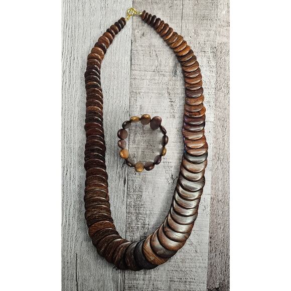 Vintage Exotic Boho Graduated Brown Wooden Disc Necklace Bracelet Statement Gift - Picture 2 of 6